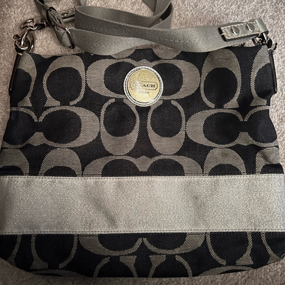 Denim and silver Coach crossbody bag with adjustable strap - Picture 1 of 5